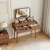 TIMBERKNOWS Wood Vanity with Mirror Light, Three-Drawer Vanity, Three-Color Adjustable Vanity Mirror, Suitable for bedrooms and Dressing Rooms, Walnut Wood(No Chairs Included)