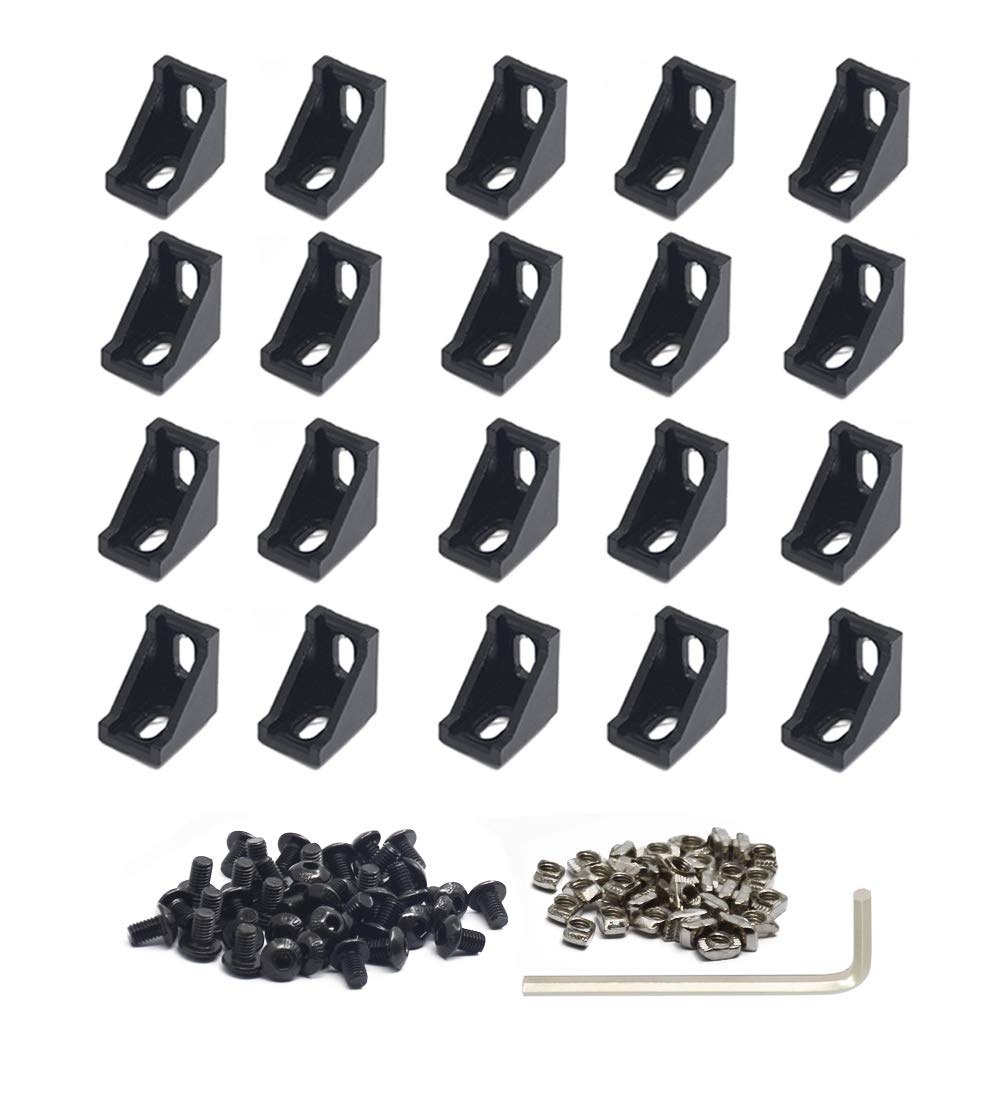 Iverntech 20pcs Black Aluminum Corner Bracket Inside Joint Plate Fastener with 40pcs M5 T Nuts+40 pcs M5 Screw+1pcs Wrench for Standard 6mm Slot 2020 Series Aluminum Extrusion Profile