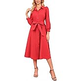 Ladyful Women's Long Sleeve Cotton Midi Shirt Dress Button Down Belted Casual A-line Flowy Tie-Waist Collared Dresses