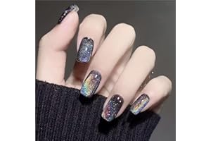 evpct Black Chrome Metallic Cat Eye Press on Nails Square Medium, Glue on Nails Medium Length Square for Women, Black Metallic Nail press ons, Iridescent Glitter Halloween Acrylic Fake Press on Nail