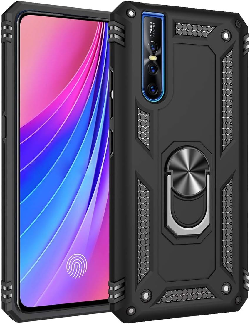Vivo V15 Pro Case, UBERANT Soft TPU & Hard PC 2 in 1 with Ring Bracket & Magnetic Metal Patch Shockproof Protective Case for Vivo V15 Pro 6.39" Black