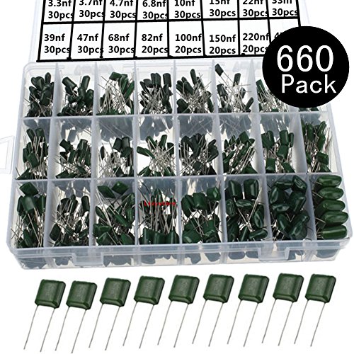 Capacitor Kit, Metalized Mylar Polyester Film Capacitor Assorted Assortment Box Kit Set 100V Capacitors Range 0.22NF- 470NF, Pack of 660 Ltvystore
