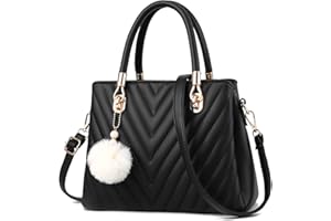 I IHAYNER Womens Fashion Leather Handbags Quilted Purses Top-handle Totes Satchel Bag for Ladies Shoulder Bag for Women with Pompom