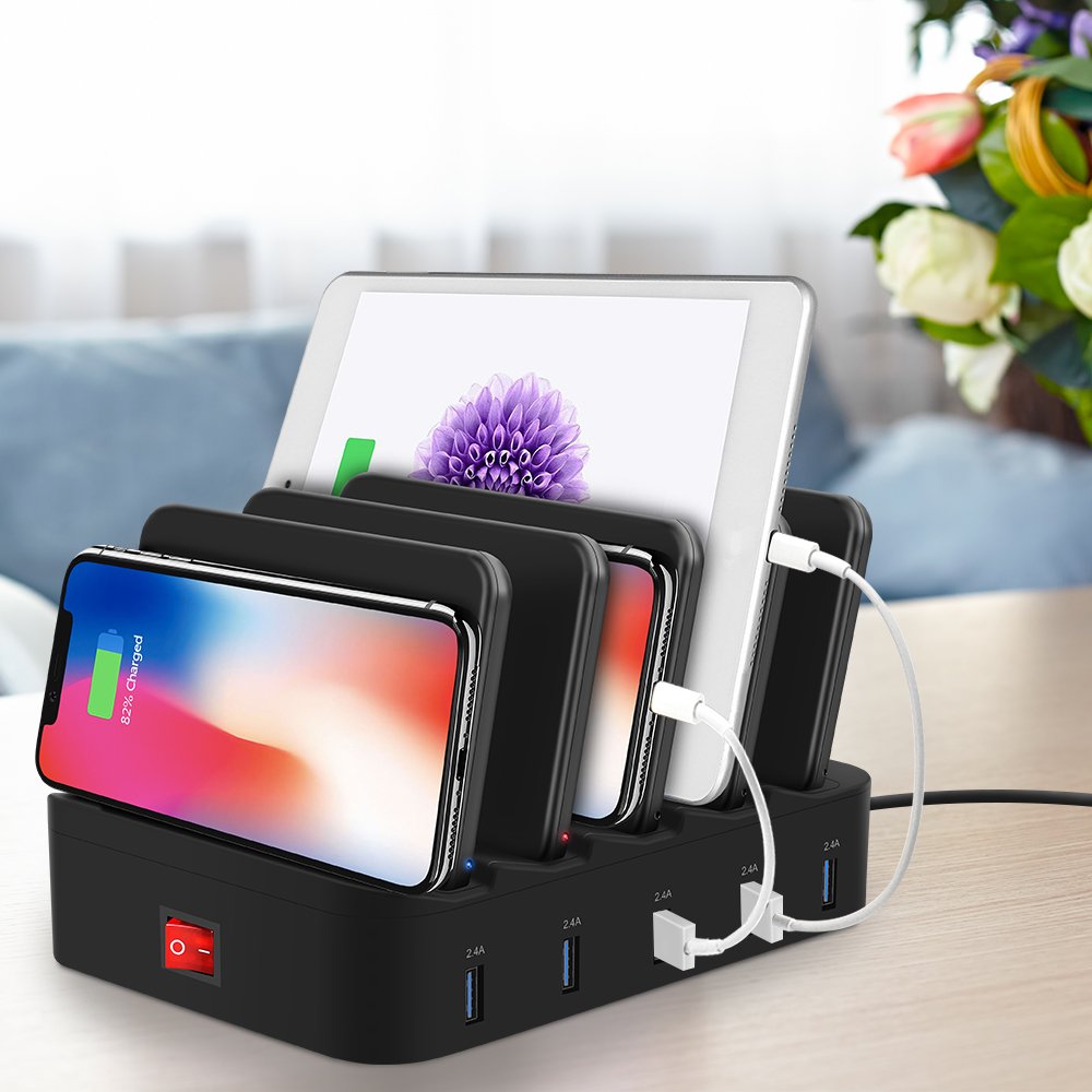 Multiple Port Charging Station, Cell Phone Wireless Charging Pad & USB Charging 5 Ports Dock 2.4A for Smartphones KindleTablets Removeable Baffles Fast Charge Organizer with Indicator (2 Wireless Pad)