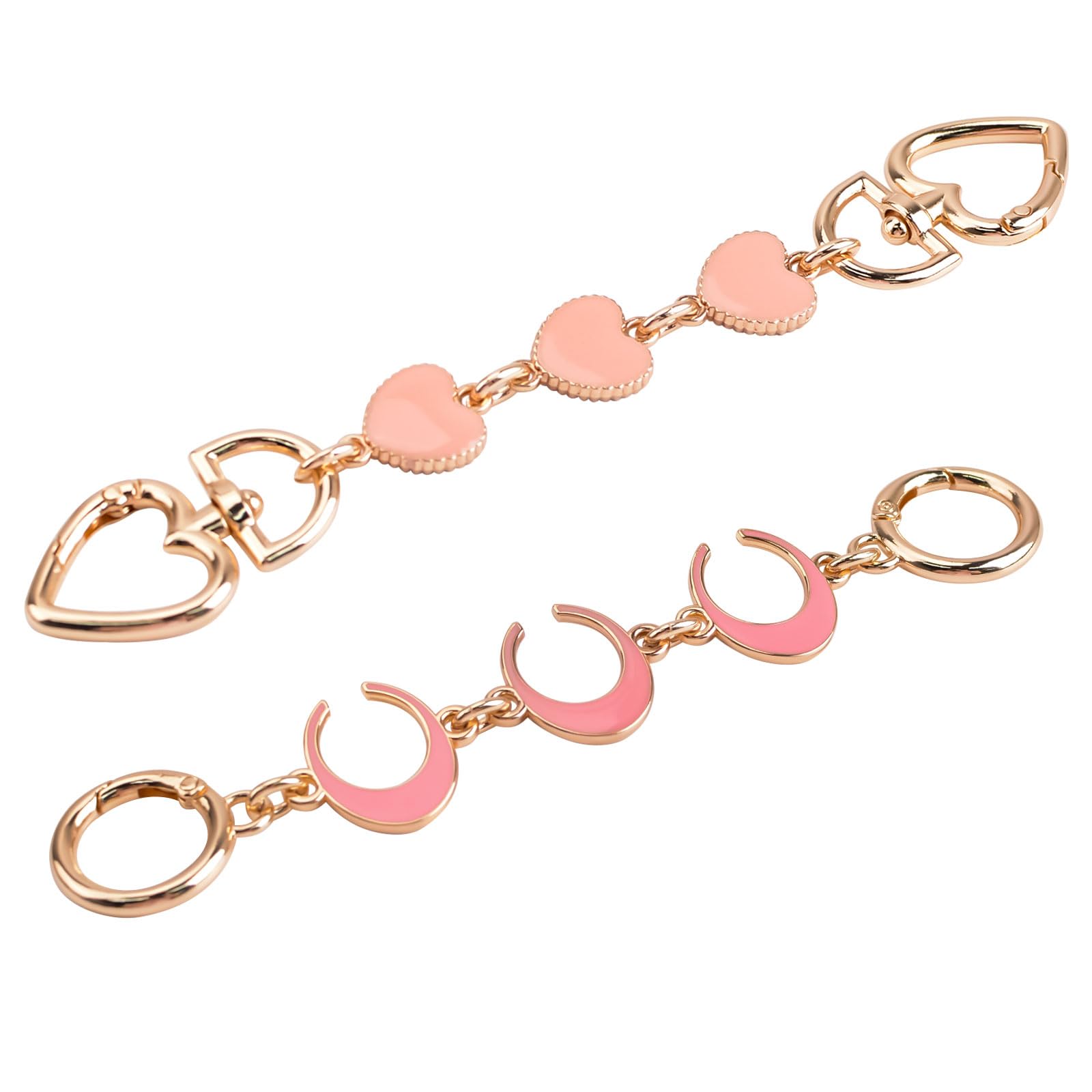 WANDIC Straps Bag Chain Set, 2Pcs Metal Extender Bag Chain with Heart Crescent Moon Pattern Golden Metal Replacement Chain for Purse Bag Handbag,Pink