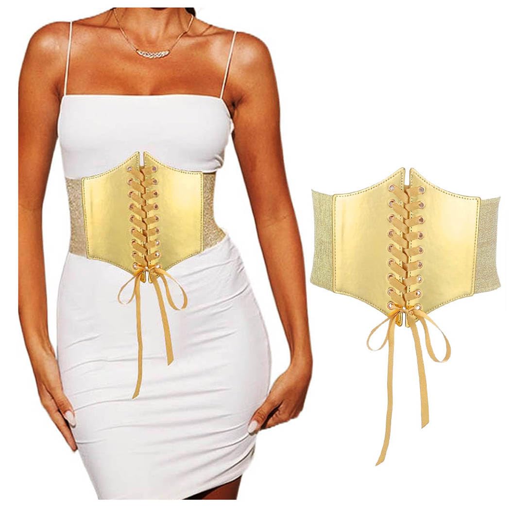 Gold Lace-Up Corset Belt Wide Elastic Waist Renaissance Costume Accessory Brown Elastic Waist Belt Lace-Up Corset Style Renaissance  main image 3