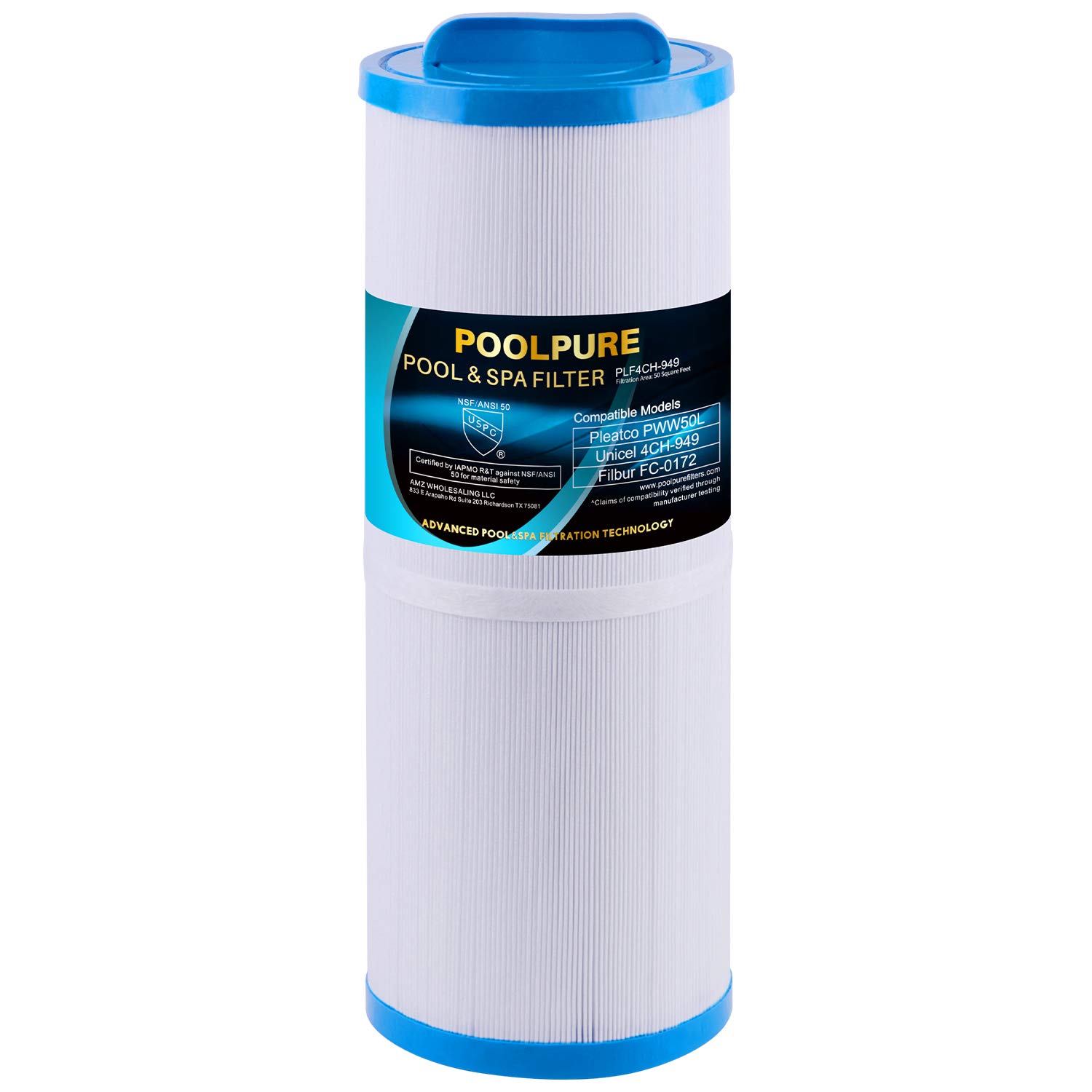 POOLPURE Replacement for Spa Filter Pleatco PWW50L, Unicel 4CH-949, Filbur FC-0172, SD-01143, 817-4050, PDC570-AFS, Rising Dragon 50, Waterway Teleweir 50 sqft Filter Cartridge, 1 Pack
