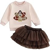 Karuedoo Toddler Baby Girl Thanksgiving Outfit Football Turkey Embroidery Crewneck Sweatshirt Top Tutu Skirt Set Fall Clothes