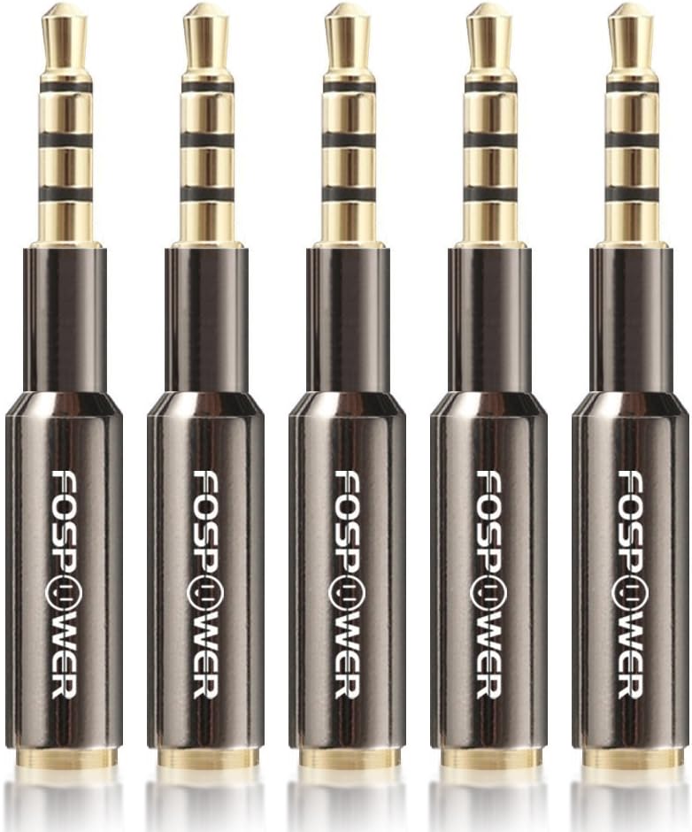 FosPower (5 Pack) 3.5mm Male to Female (4-Conductor TRRS-24K Gold Plated) Auxiliary Stereo Audio Jack Adapter for iPhone, Smartphones, Tablets, Speakers, Microphone & Card Readers