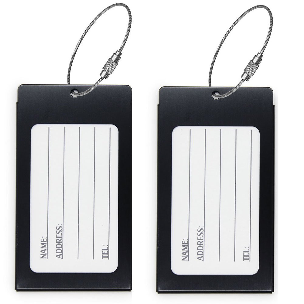 2X Metal Luggage Tags, ID Identifier Name Tag Address Labels Travel Suitcase Baggage Label Business Card Holder, Black