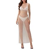 Honganda Sexy Women's Sheer Mesh Pearl Rhinestone Cover Up Dress Beach Swimwear Bikini Bathing Suit Coverups