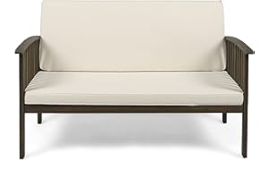 Great Deal Furniture Grace Outdoor Acacia Wood Loveseat, Gray Finish and Cream