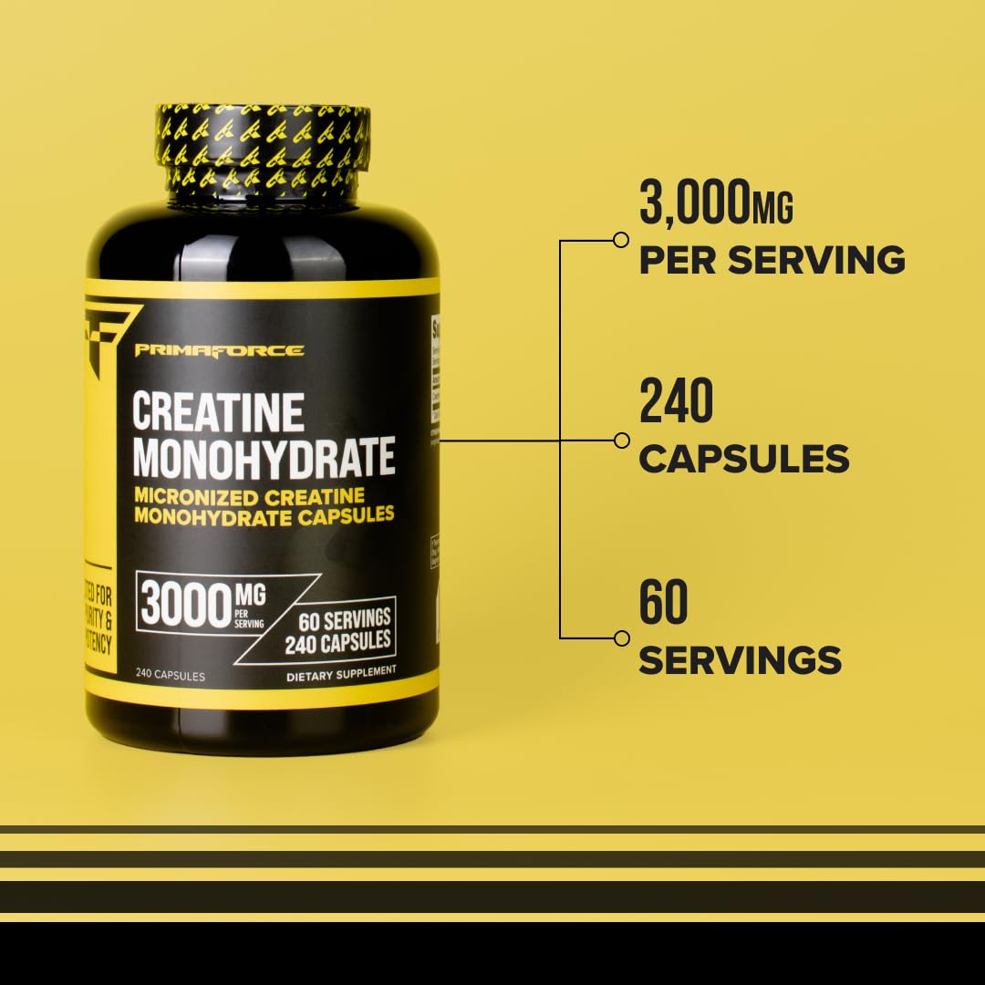 Primaforce Creatine Monohydrate Capsules - 240 Capsules, 3,000mg per Serving, Gluten Free and Non-GMO