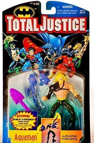 Total Justice 1996 - Kenner / DC Comics Aquaman (Arthur Curry) Action Figure w/ Blasting Hydro Spear - 5 Inch - Out of Production - Collector Perfect - New - Collectible