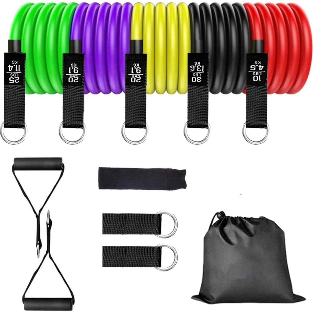Portable Exercise Resistance Band Set Stackable Up to 100 Lbs (5 Stackable Exercise Bands with Door Anchor, Ankle Straps Carrying Case) Exercise Stretch Fitness Home Set