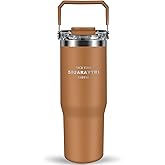 Insulated tumbler with lid and straw,tumbler with handle and flip straw cup traveler 30 oz water bottle mug Vacuum Sealed Cupholder Friendly BPA-Free Leak-Proof (Brown)