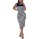 Women's Casual Sleeveless Tank Stretchy Striped Ribbed Knit Bodycon Slit Midi Round Neck Dresses