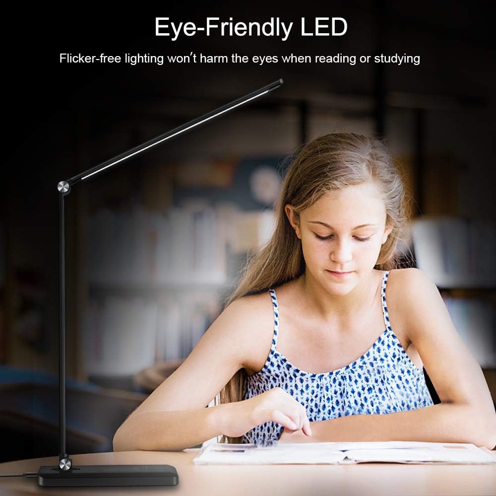 Multifunctional LED Desk Lamp with Wireless Charger, USB Charging Port, 5 Lighting Modes, 5 Brightness Levels, Sensitive Control, 30/60 min Auto Timer, Eye-Caring Office Lamp with Adapter - - 