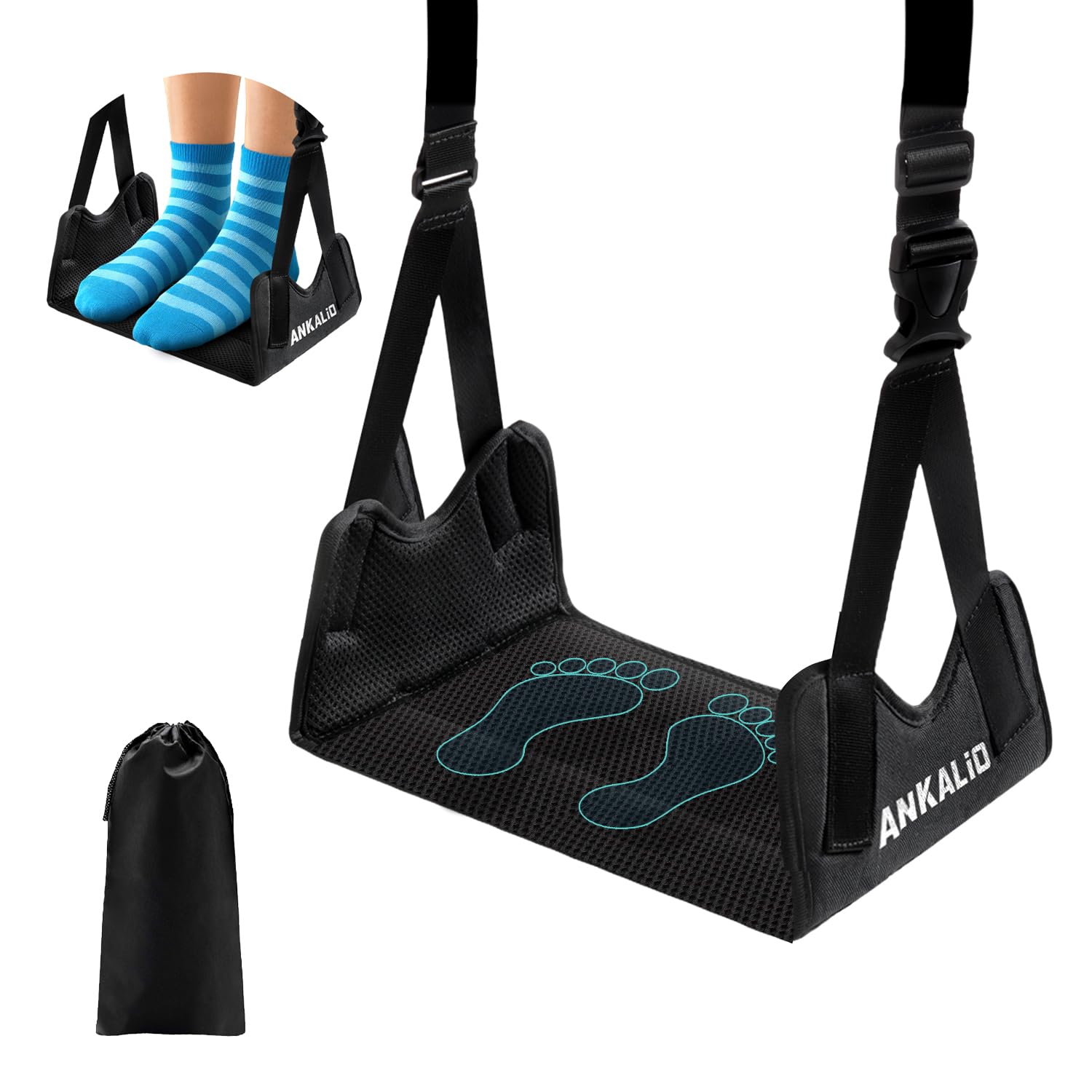 Photo 1 of 1 Pack No-Collapse Airplane Foot Hammock–Adjustable Foot Hammock for Plane Travel with Thick Bamboo Base, Lightweight Travel Footrest for Office, Flights(Black)