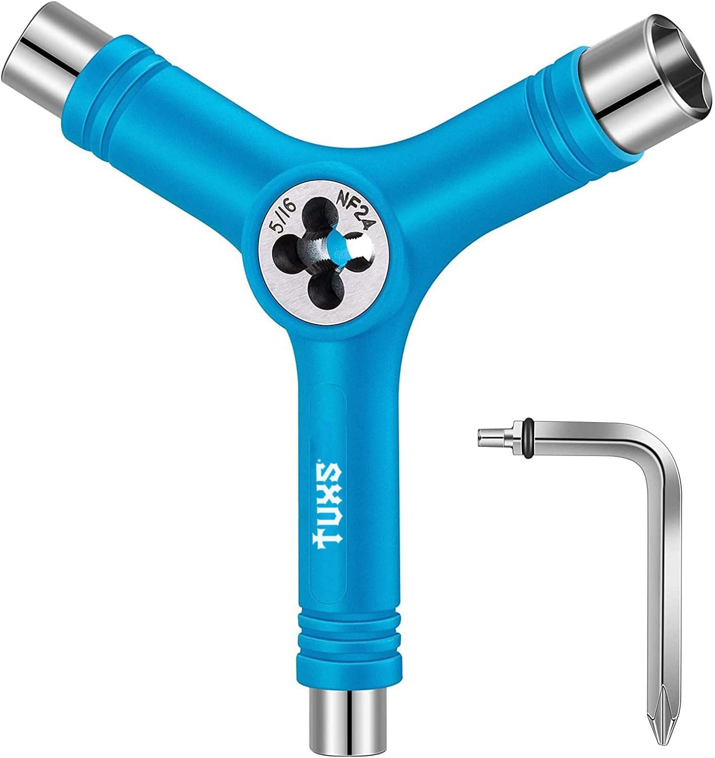 Tuxs Skate Tool All-in-One Multifunction Lightweight and Portable with 2-in-1 Allen Wrench and Phillips Screwdriver - Adjusts Skates, Longboards, Skateboards, Quads, Wheels, Axles and Kingpin (Sky