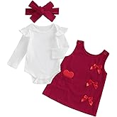 Yuemengxuan Baby Girl Valentines Outfit Ruffle Long Sleeve Romper Corduroy Overall Dress Headband Set Spring Clothes