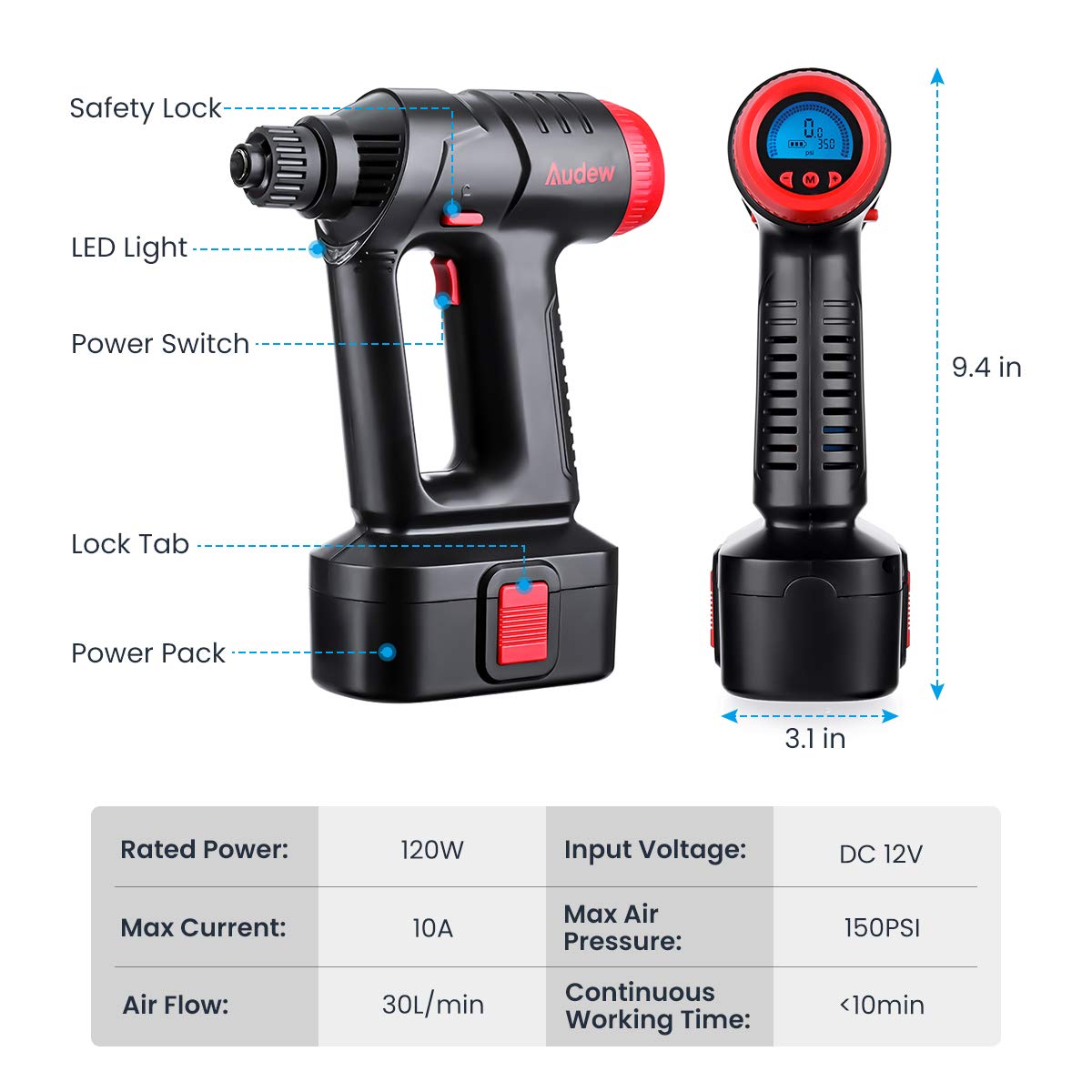 Audew Cordless Air Compressor, Portable Tire Inflator, Hand Held Air