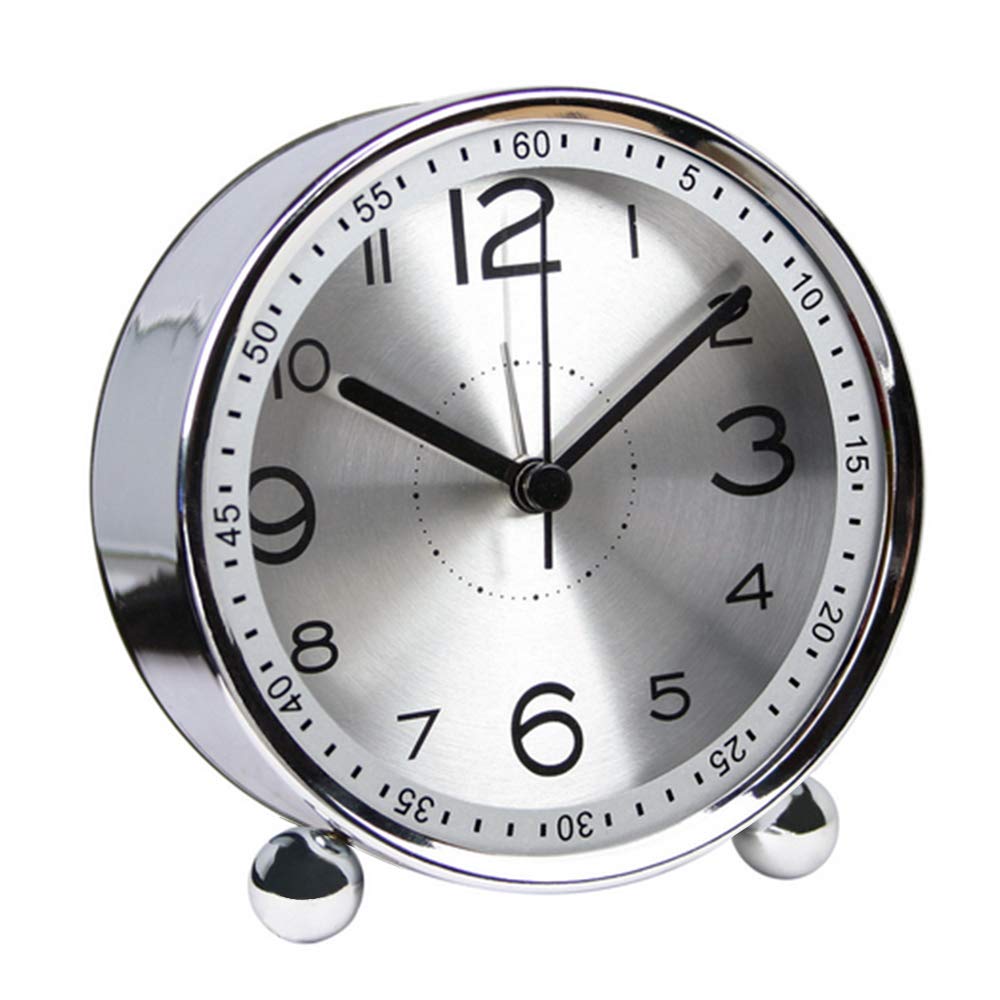 ALEENFOON 4 Inch Metal Alarm Clock, Non Ticking Silent Retro Alarm Clock, Battery Operated Loud Wake up Alarm Clocks for Bedsides Bedroom Travel Kids (Silver)
