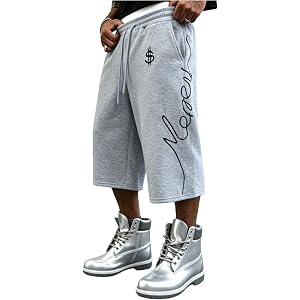 SOLY HUX Men's Capri Pants Letter Graphic Double Drawstring Elastic Waist Baggy Wide Leg Sweatpants with Pockets Streetwear
