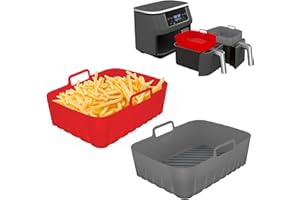 Golden Associate Silicone Liners Rectangle 2 Pcs for Air Fryer Dual Basket 8 to 10 Qt, Food-grade Reusable Baking Tray Fit Ninja DZ201 DZ401 DZ550, 4 to 5 Qt Each, Double Zone Airfryer Accessories