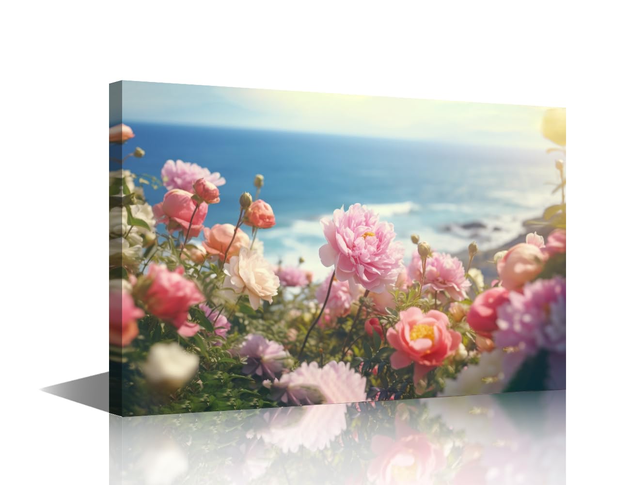 Natural Beauty of the Sea Pictures Bedroom Wall Decor Field of Flowers with the Ocean Framed Wall Art Home Decor Wall Print on Canvas Giclee Gallery-Wrapped Posters and Prints 16" Wx24 H