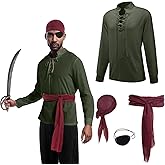 4-Pcs Pirate Costume Men,Medieval Renaissance Pirate Shirt Bandana Sash & Eye Patch for Men Halloween Carnival Cosplay Outfit