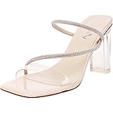 vivianly Womens Square Toe Clear Rhinestone Strappy Heeled Sandals Transparent Block High Heels Slides Slipper Wedding Dress