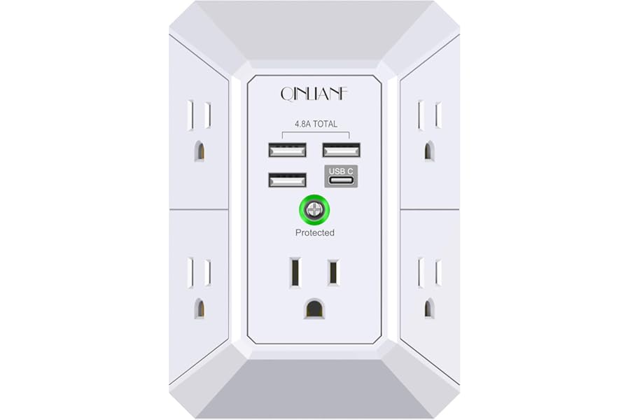 Wall Charger, Surge Protector, QINLIANF 5 Outlet Extender with 4 USB Charging Ports (4.8A Total) 3-Sided 1680J Power Strip Mu