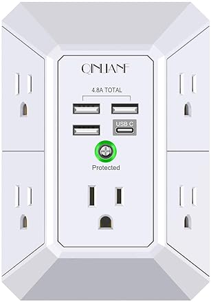 Electronics - Wall Charger, Surge Protector, QINLIANF 5 Outlet Extender with 4 USB Charging Ports (4.8A Total) 3-Sided 1680J Power Strip Multi Plug Adapter Spaced for Home Travel Office (3U1C)