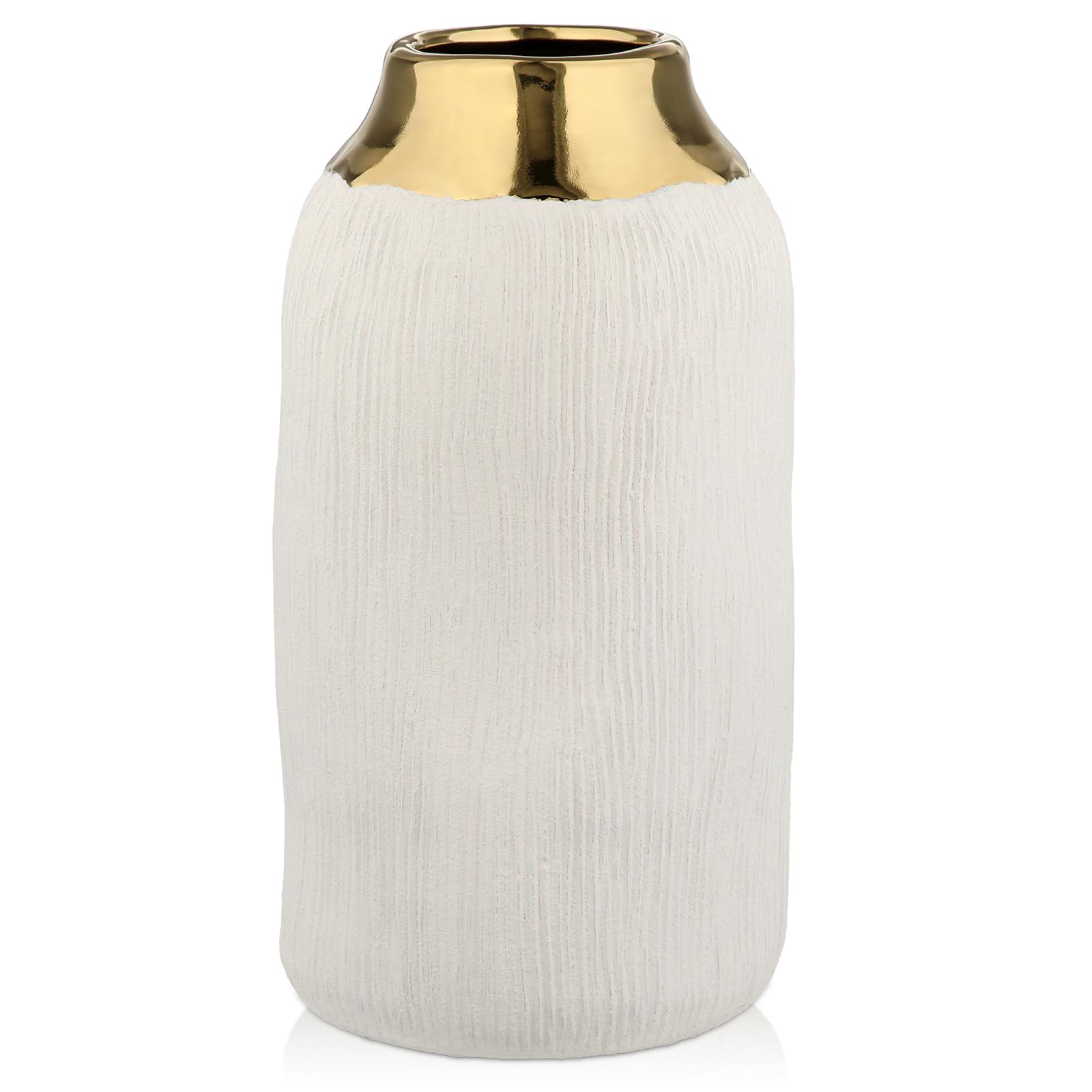 Photo 1 of 10.2" Ceramic Flower Vintage Vase - White & Gold Stripes Textured Ceramic Vase for Farmhouse Modern Home Decor Pampas Grass Centerpieces Living Room Bedroom Office Decoration