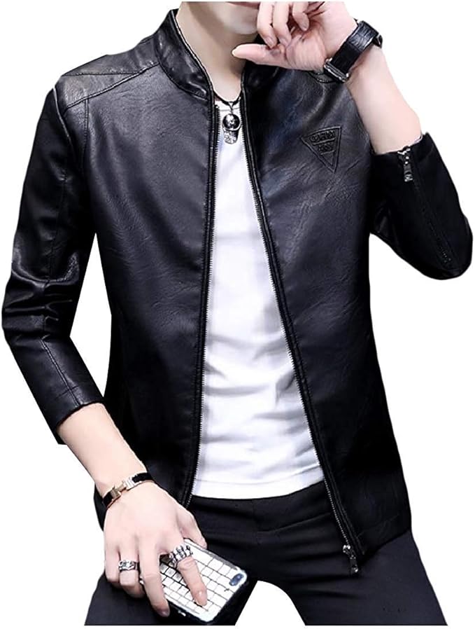 Men Baggy Up Zip Casual Moto Pocket Stand Collar PU Leather Jackets at Amazon Menâs Clothing store
