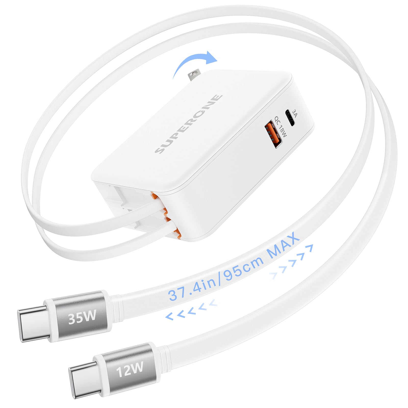 【2026 Upgrade】SUPERONE 4 in 1 Retractable Wall Charger Plug with Dual USB C Cables 3.3FT (Longest Retractable), 35W Fast Charging Retractable Phone Charger for iPhone 17/16/15,iPad,Galaxy,Pixel,Tablet