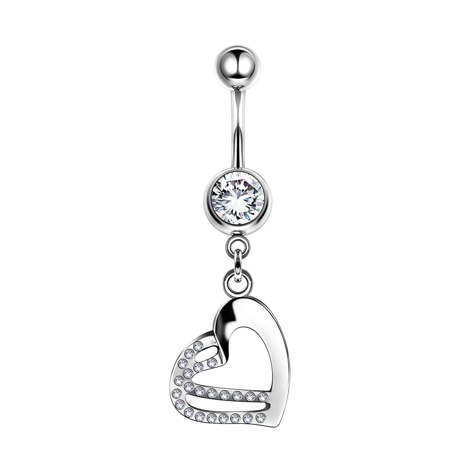 BanaVega Stainless Steel Danging Belly Button Rings Double Heart 16g 3/8 10mm 8mm Clear Crystal Ball Earrings Piercing Jewellery 5139