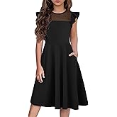 Flypigs Girls Dresses Summer Formal Party Wedding Ruffle Sleeve Mesh Knee Length A Line Dress with Pockets