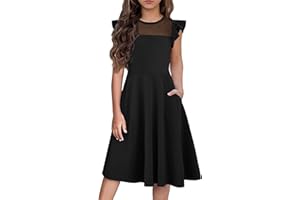 Flypigs Girls Dresses Summer Formal Party Wedding Ruffle Sleeve Mesh Knee Length A Line Dress with Pockets