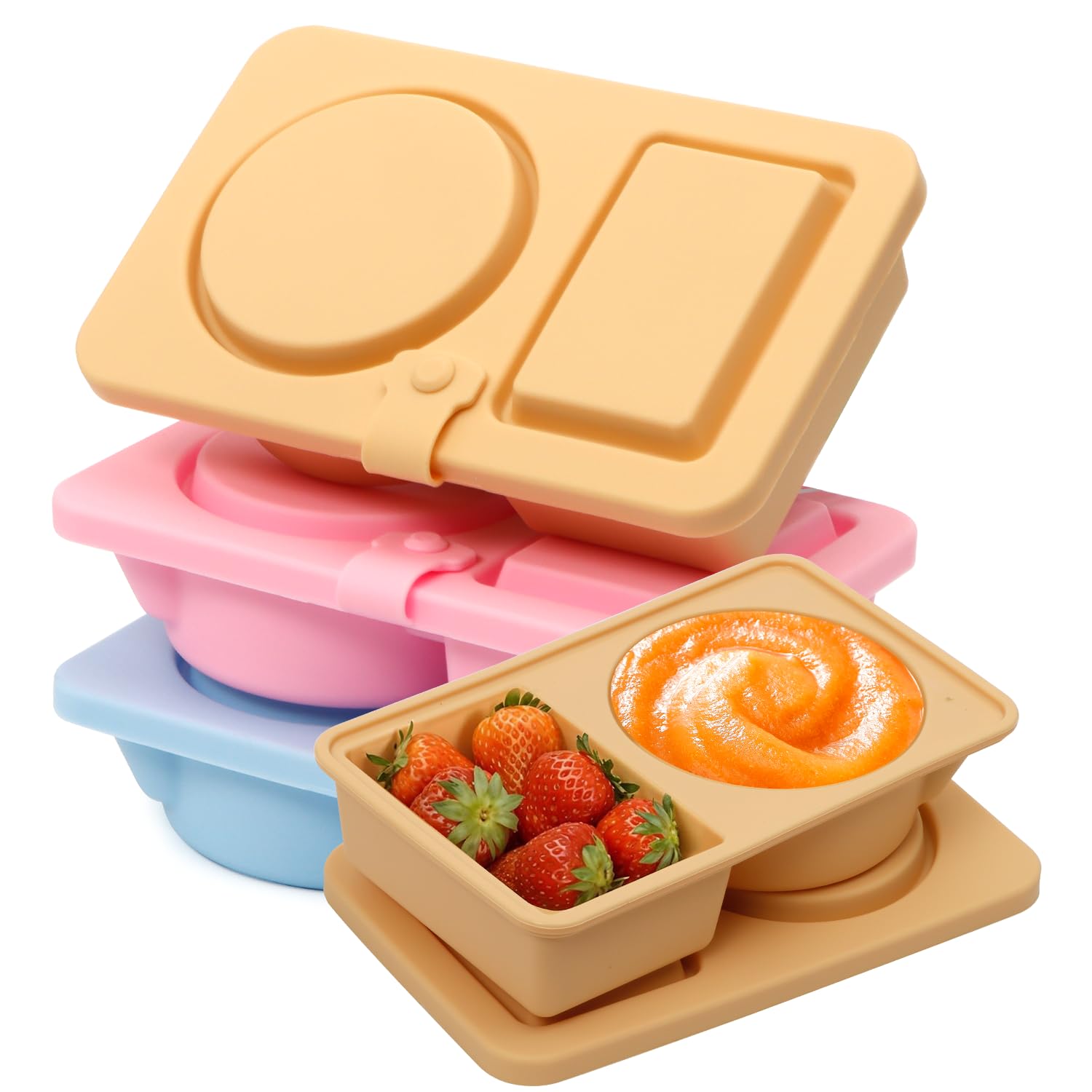 Photo 1 of 3 Pack Silicone Reusable Snack Containers with Lids, Double Compartment Snackle Box Containers, Salad Dressing Sauce Seasoning Container, Small Mini Food Snack Boxs for Travel, Office, Picnic,School
