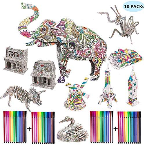 HYH Arts and Crafts for Girls 3D Art Coloring Painting Animals and Buildings Puzzle Set Fun Creative DIY Toys Family Craft Kits with Supplies Best Holiday Birthday Gifts for Girls,Kids (10 Pack)