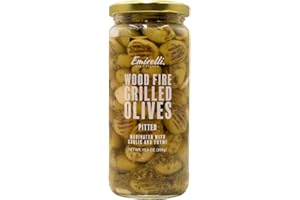 EMIRELLI SAN FRANCISCO Emirelli Grilled and Pitted Green Olives, 10.6 Ounce (300 gr), Wood Fire, Marinated with Garlic and Mix Spices, Healthy and Fresh Vegan Snacks (Grilled Olives, 1 Pack)