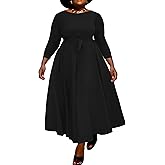 Runwind Casual Plus Size Long Maxi Dress for Curvy Women Crew Neck 3/4 Sleeve Wedding Guest Dresses with Belt & Pockets