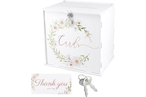 FUNSUEI White Wedding Card Box with Lock and keys, Wooden Gift Card Box with 5 Thank you Cards for Wedding Reception, DIY Wed