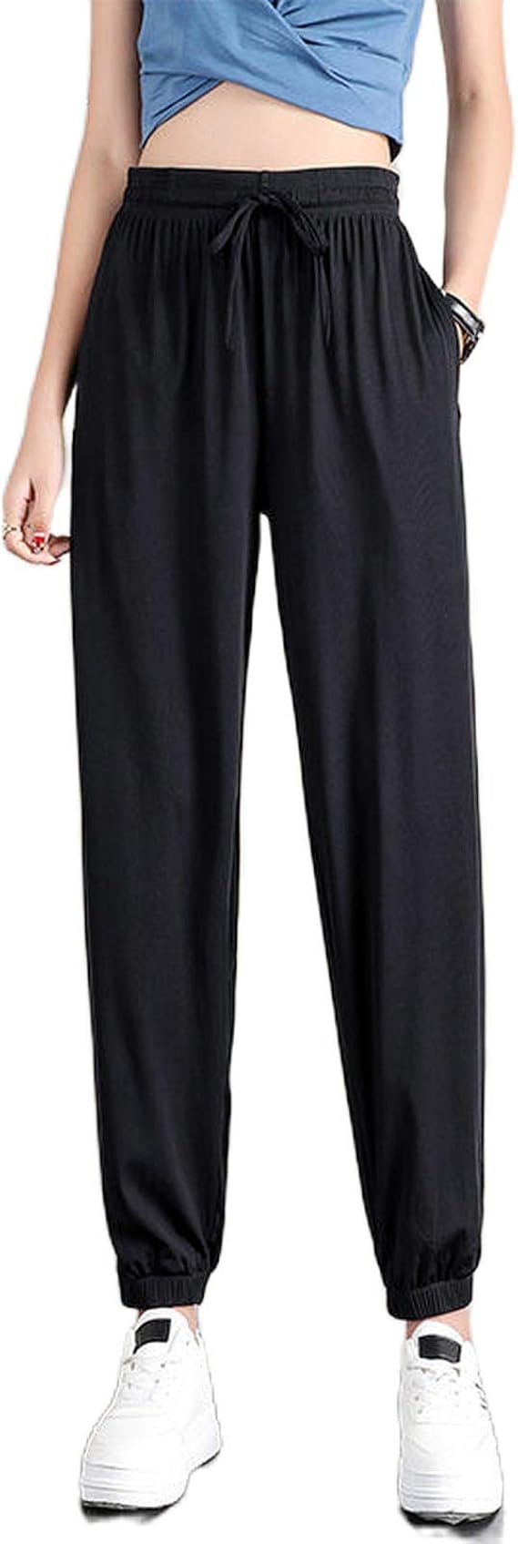 Summer Thin High Waist Ankle Banded Pants for Women Loose Solid