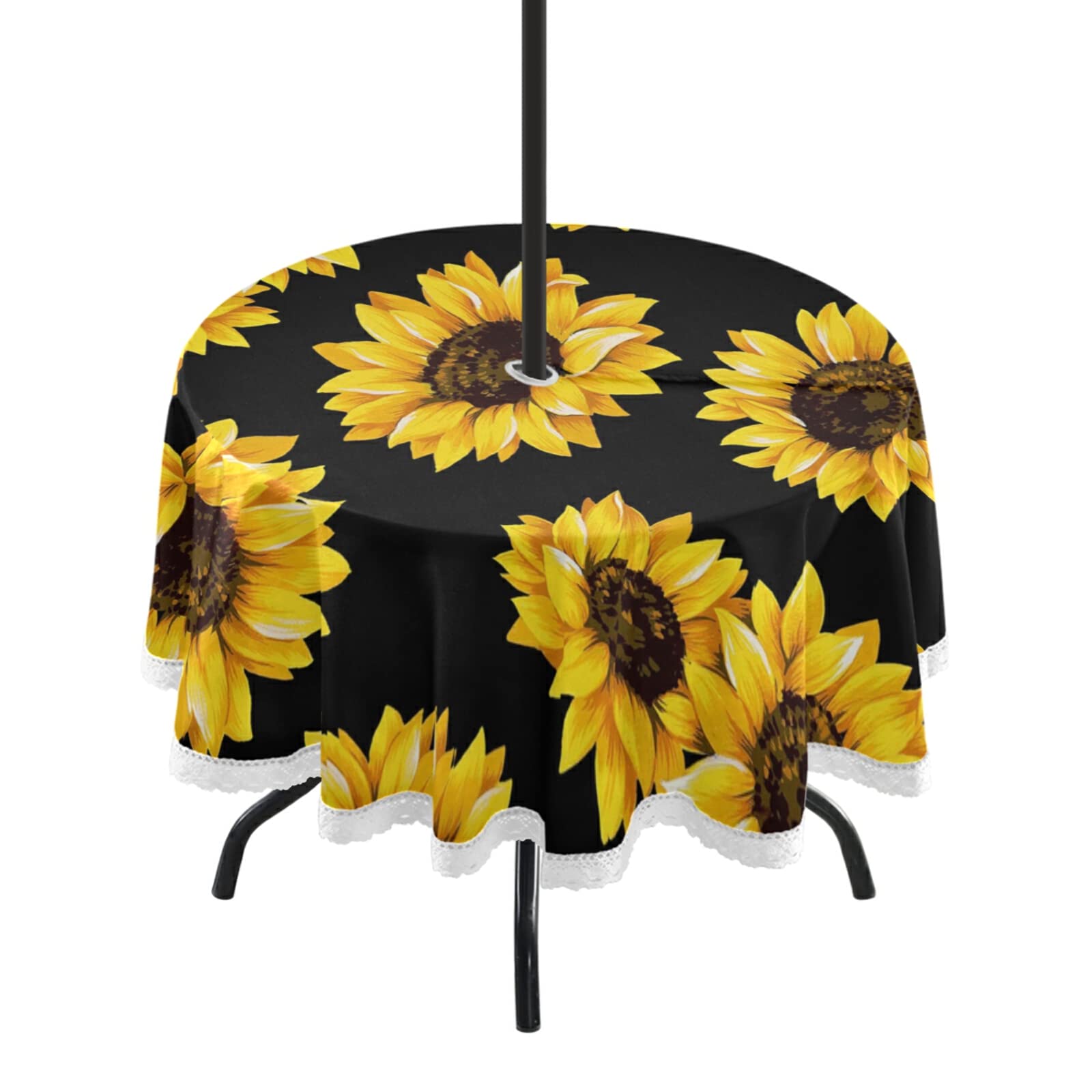 xigua Beautiful Sunflower Flowers Floral Black Round Tablecloth 60In,Waterproof Patio Table Cloths with Umbrella Hole and Zipper,Table Covers for Indoor & Outdoor Backyard/BBQ/Picnic