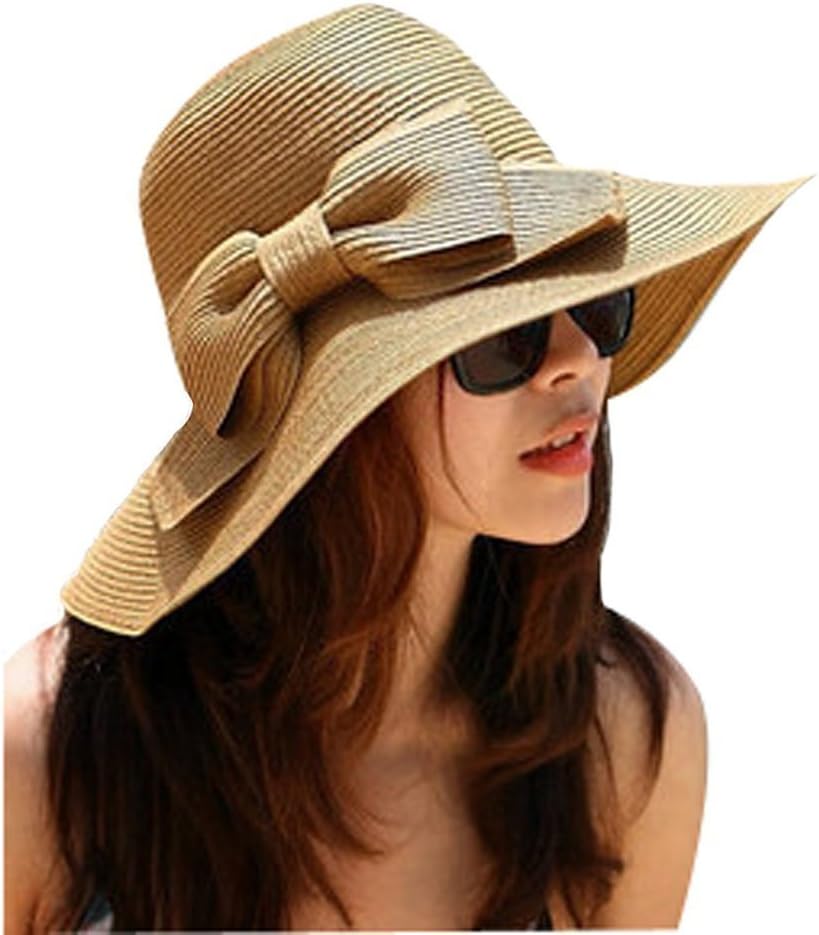 GODHL Bowknot Beach Sun Visor Foldable Wide Brim Straw Hat Cap for ladies Light Coffee