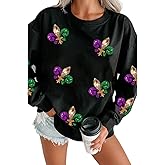 Ecosunny Women's Casual Holiday Mardi Gras Sweatshirt Sequin Print Round Neck Long Sleeve Loose Pullover Tops