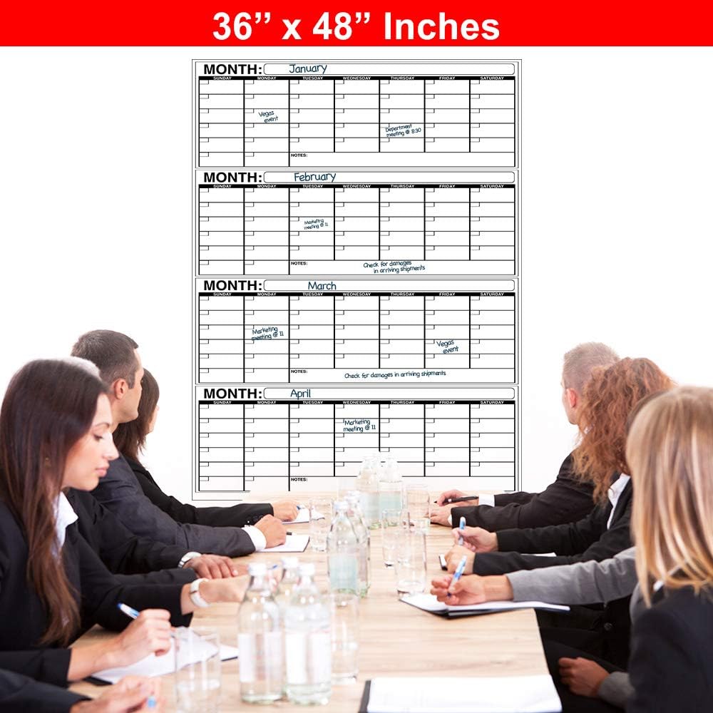 Business Basics Extra Large Dry Erase Vertical 4 Month 36” x 48" in Wall Calendar Laminated Dry or Wet Erase Print Squares to Plan Your Whole Day Perfect for School Office Cubicle Home College Dorms